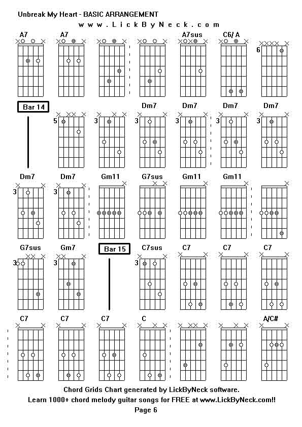 Chord Grids Chart of chord melody fingerstyle guitar song-Unbreak My Heart - BASIC ARRANGEMENT,generated by LickByNeck software.